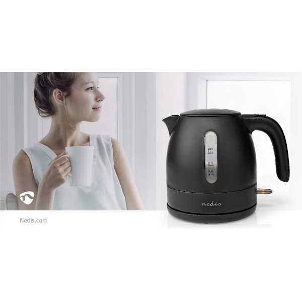 Nedis Elkedel | 1.0 l | Plast | Sort | Drejelig 360 grader | Skjult varmeelement | Strix®-controller | Beskyttelse mod kogetørring