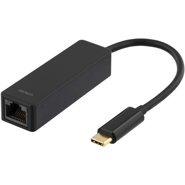 DELTACO, USB 3.1 netværksadapter, 1xRJ45, 1xUSB-C han, sort Sort