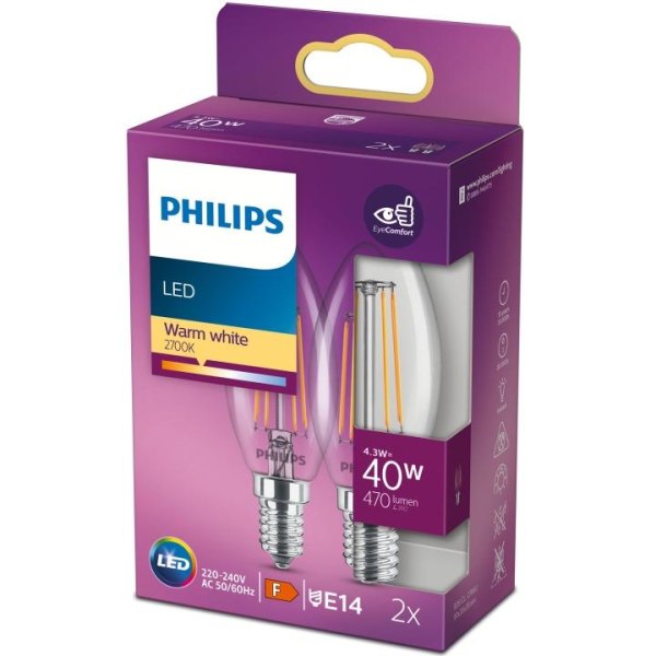Philips 2-pack LED E14 Kron 4,3W (40W) Klar 470lm
