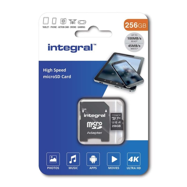 INTEGRAL 256 GB højhastigheds microSDHC/XC V30 UHS-I U3 hukommelseskort