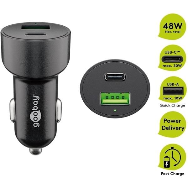 Goobay Dubbel USB-billadare USB-C™ PD (Power Delivery) (48 W) 48 W (12/24 V) USB-A/USB-C™ lämplig för enheter med USB-C™ (Power Delivery), t.ex. iPhon