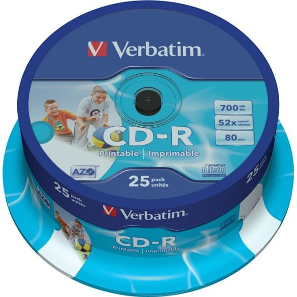 Verbatim CD-R, 52x, 700 MB/80 min, 25-pakkaus, spindle, AZO, printable