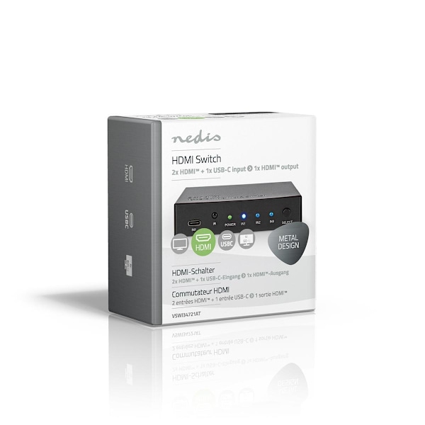Nedis HDMI ™ switch | 3-Port port(s) | 1x USB-C™ / 2x HDMI ™ -indgang | 1x HDMI™ Output | 4K@60Hz | 18.0 Gbps | Metal | Antracit