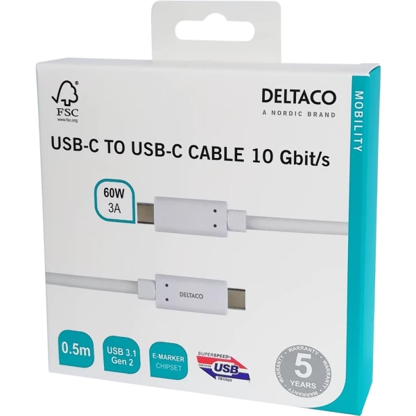 DELTACO USB-C-kaapeli, 0,5m, 60W USB PD, 10Gbps, valkoinen