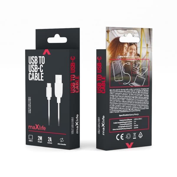 Maxlife-kaapeli USB - USB-C 2,0 m 2A, valkoinen