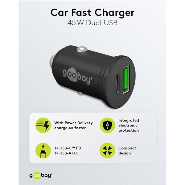 Goobay Dubbel USB-billadare USB-C™ PD (Power Delivery) (45 W) 45 W (12/24 V), lämplig för enheter med USB-C™ (Power Delivery), t.ex. iPhone 12