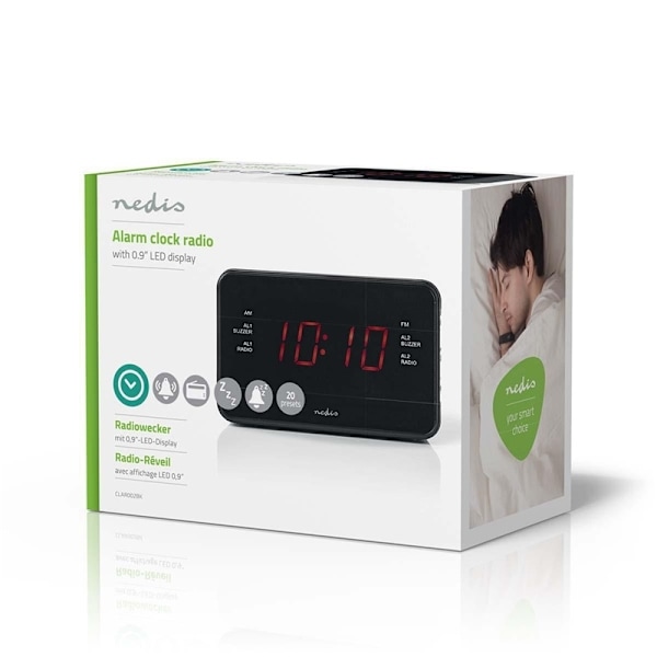Nedis Digital vækkeur Radio | LED Display | 1x 3.5 mm Audio Input | Tidsprojektion | AM / FM | Snooze funktion | Sleep timer | Antal alarmer: 2 | Sort