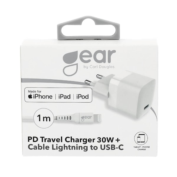 GEAR Laddare 220V 1xUSB-C PD 30W Kabel Lightning till USB-C