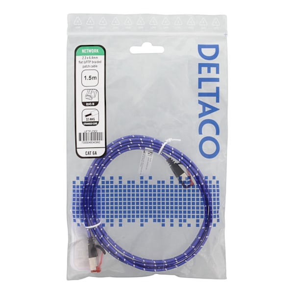 DELTACO laitekaapeli, U/FTP, Cat6a, 1,5m, monilank., litteä, sininen