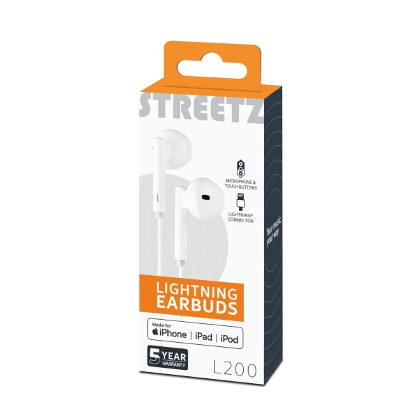 STREETZ Lightning-kuulokemikrofoni, in-ear, MFi, äänenv. säätö, valk. Vit