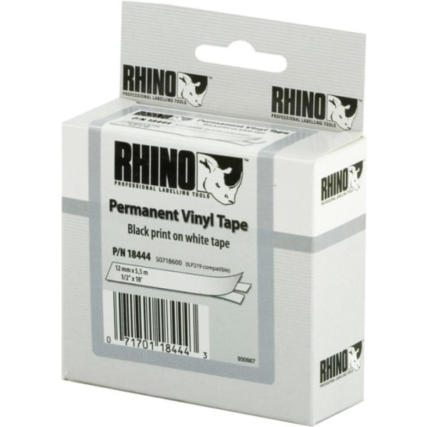 DYMO RhinoPRO märktejp perm vinyl 12mm, svart på vitt, 5.5m rull