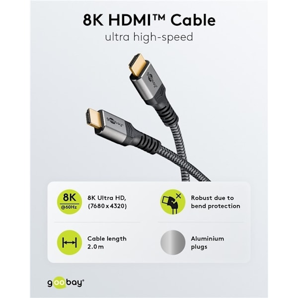 Goobay HDMI™-kaapeli, erittäin nopea, 2 m, Sharkskin Grey H