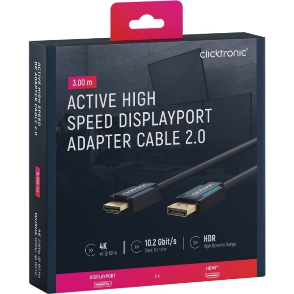 ClickTronic Adapterkabel för aktiv DisplayPort™ till HDMI™ (4K/60Hz) Premiumkabel | 1x DisplayPort™-kontakt >> 1x HDMI™-kontakt | 3,0 m | 4K @ 60 Hz