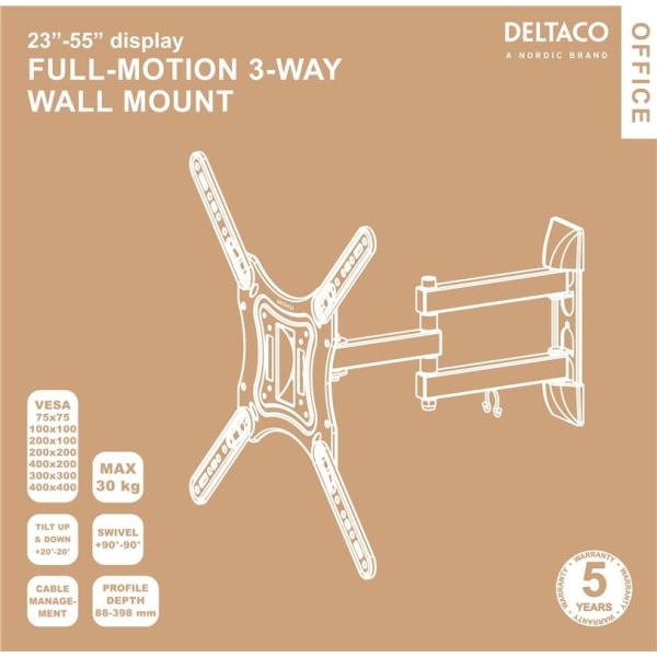 DELTACO Office, full-motion 3-way wall, 23"-55", 30kg, 75x75-400