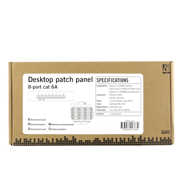 DELTACO Patchpanel, 8xRJ45, Cat6a, väggmonterbar, 10Gbps, grå