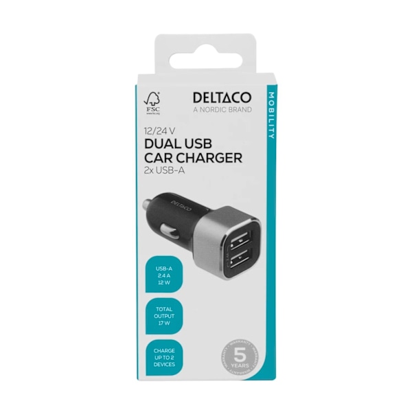 DELTACO USB car charger, 2x USB-A, 2,4 A, total 17 W