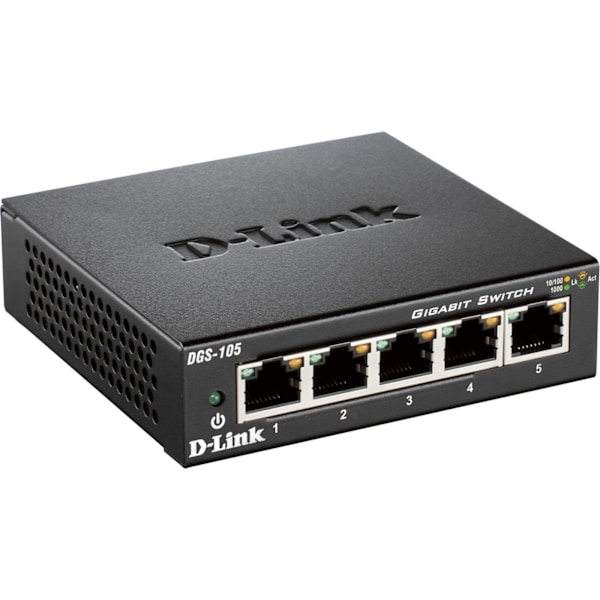 D-Link Gigabit Ethernet Switch, 5x10/100/1000Mbps, metalkabinet, sort