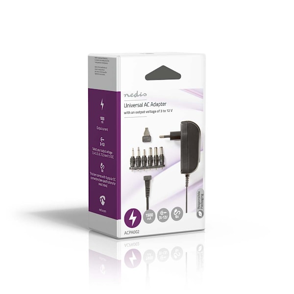Nedis Universal AC Power Adapter | 18 W | 3 - 12 V DC | 1.80 m | 2.1 A | 6 plug(s) | Sort