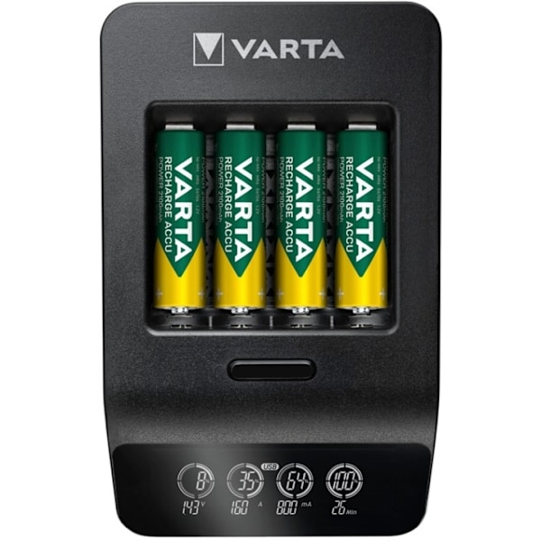 Varta LCD Smart Charger+ (type 57684) inkl. 4x AA 2100 mAh oplader op til 4x AA-batterier eller AAA-batterier (NiMH) samtidigt Sort