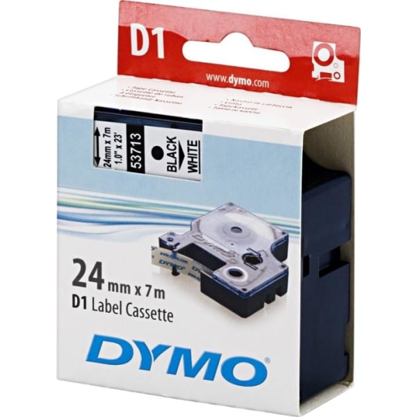 DYMO D1, markeringstape, 24 mm, sort tekst på hvid tape, 7 m.