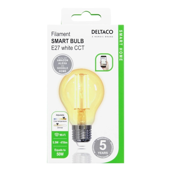 DELTACO SMART HOME FILAMENT LED-lampa, E27, WiFI, 5.5W, 1800K-6500K