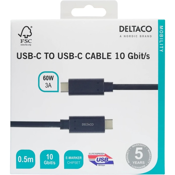 DELTACO USB-C-kaapeli, 0,5m, 60W USB PD, 10Gbps, musta