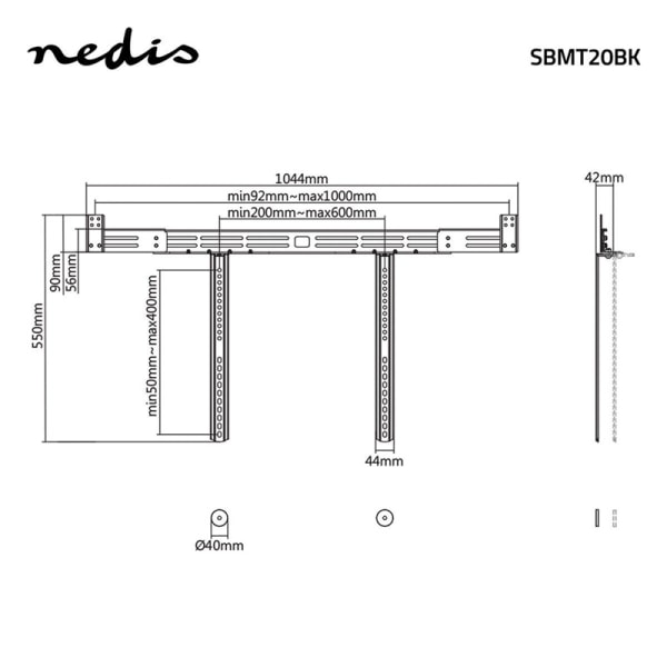 Nedis Soundbar Beslag | Kompatibel med: Universal | Fastmonteret på TV'et | 10 kg | Dybdejustering | Stål | Sort