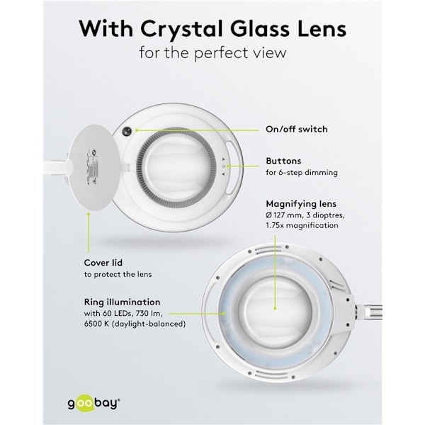Goobay LED-luplampe med klemme, 9 W, hvid 80-730 lm, dæmpbar, 127 mm krystalglaslinse, 1,75x forstørrelse, 3 dioptrier