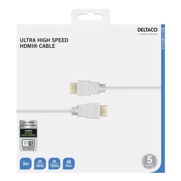 DELTACO ULTRA High Speed HDMI-kabel, 48Gbps, 3m, vit