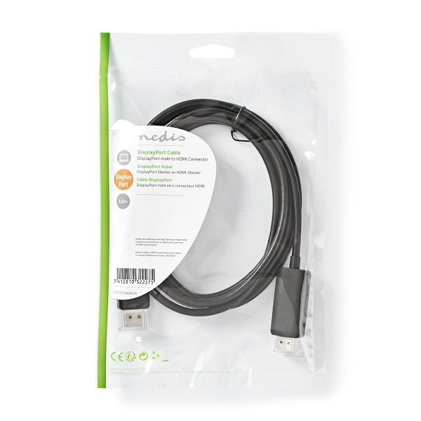 Nedis DisplayPort kaapeli | DisplayPort uros | HDMI™ liitin | 4K@60Hz | Niklattu | 2.00 m | Pyöreä | PVC | Musta | Muovipussi