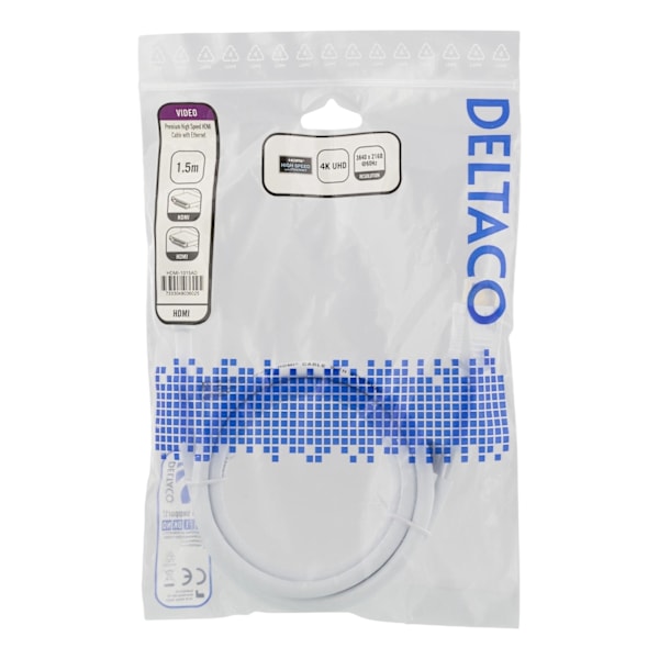 DELTACO High-Speed Premium HDMI-kabel, 1,5m, Ethernet, 4K UHD, vit