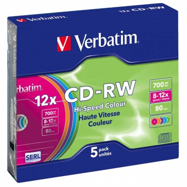 CD-RW 8-12x, 700 MB, blandade färger, 5-Pack