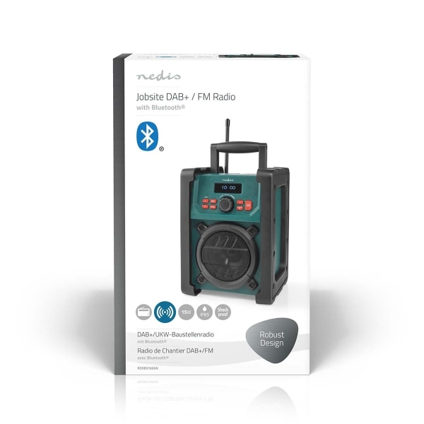 Nedis DAB+ Radio | Radio på Byggepladsen | DAB+ / FM | 2.2 " | Sort hvid skærm | Batteri / Strømforsyning | Digital | 15 W | Bluetooth® | Vækkeur | Sl