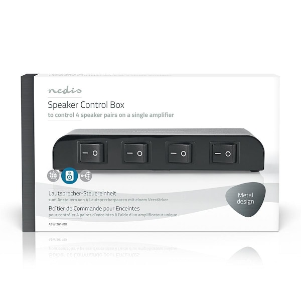 Nedis Högtalar kontrollboxen | 4-Port port(s) | Terminalskruvar | Högtalarimpedans: 4-16 Ohm | Maxlast per Kanal: 200 W | Aluminium | Svart