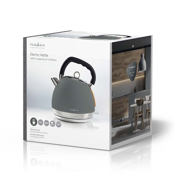 Nedis Vedenkeitin | 1.8 l | Soft-Touch | Harmaa | Pyörivä 360 astetta | Piilotettu lämmityselementti | Strix® ohjain | Tyhjäksi kiehumisen suoja