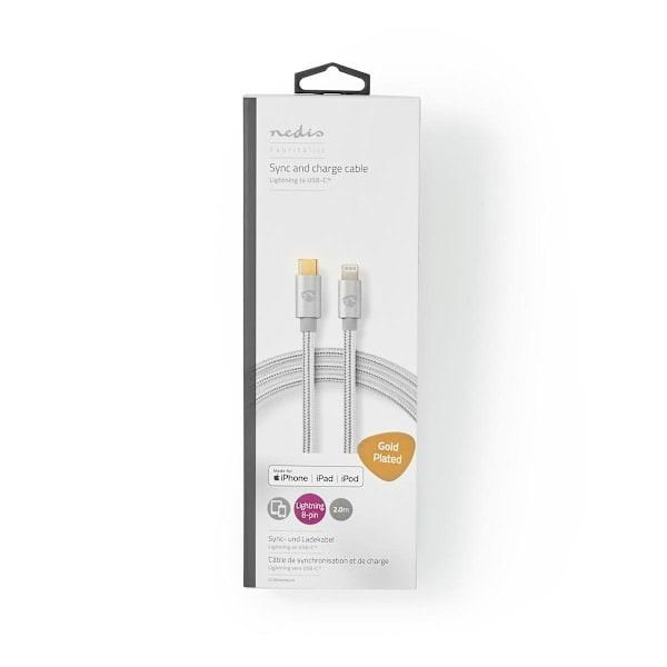 Nedis Lightning Kaapeli | USB 2.0 | USB-C™ Uros | Apple Lightning 8-Pin | 480 Mbps | Kullattu | 2.00 m | Pyöreä | Nailon / Punottu | Alumiini | Laatik