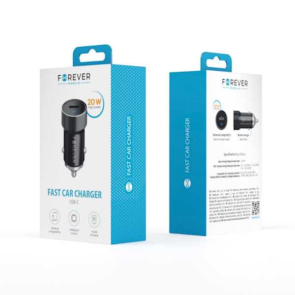 Forever CC-06 PD QC Billaddare 1x USB-C 20W, Svart