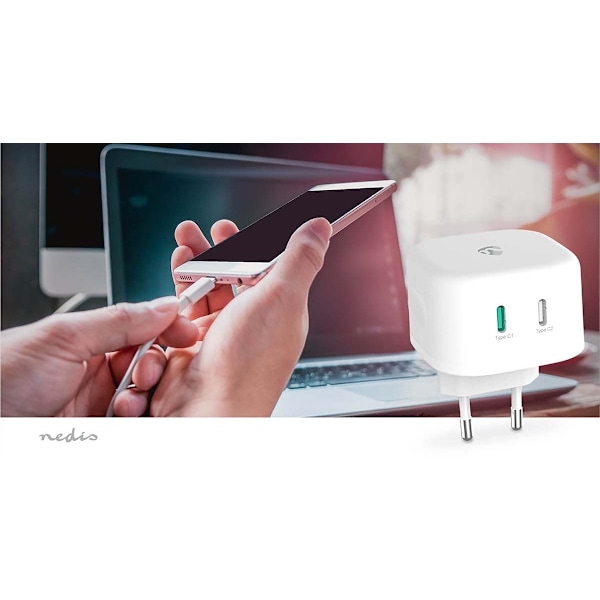 Nedis Väggladdare | 45 W | GaN | PD3.0 45W | Snabbladdnings funktion | 2.25 A / 3.0 A | Antal utgångar: 2 | 2x USB-C™ | Automatiskt val av Spänning |
