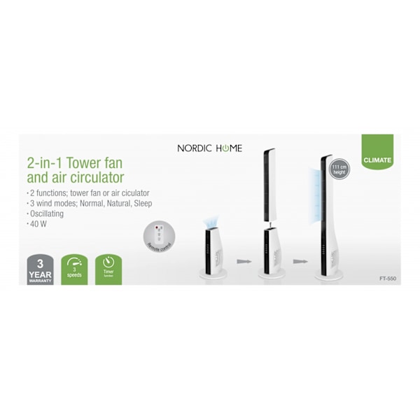 NORDIC HOME 2-i-1 Tornfläkt med luftcirkulator, 3 hastigheter, 40W, timer, vit