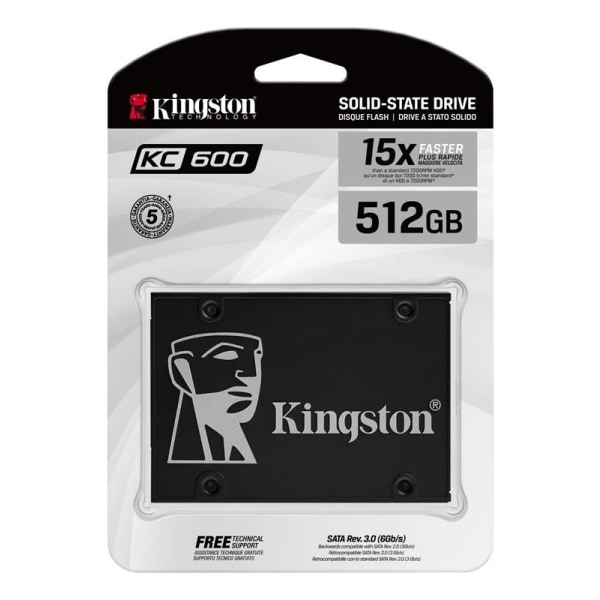 Kingston KC600 SSD-levy, SATA, 512GB, 2,5", 3D TLC NAND, musta