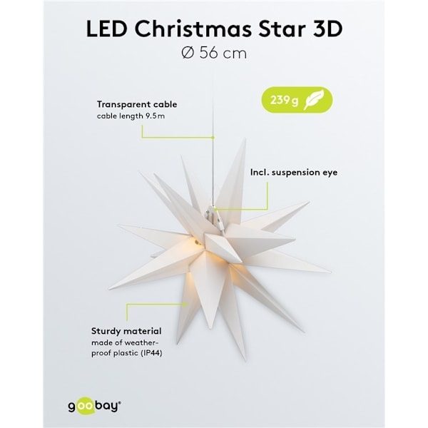 Goobay LED-julstjärna 3D, Ø 56 cm, 4,5 V utomhustransformator med timer och 18 spetsar, varmvitt (3000 K), av väderbeständig plast (IP44), kabel 9,5 m
