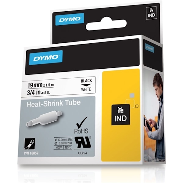 DYMO RhinoPRO mærkbar krympplast 19mm, sort på hvid, 1.5m rulle