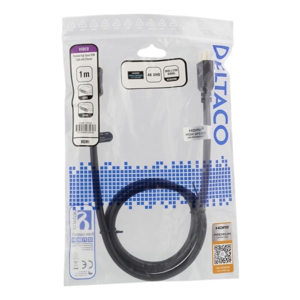 DELTACO High-Speed Premium HDMI-kabel, 1m, Ethernet, 4K UHD, sva