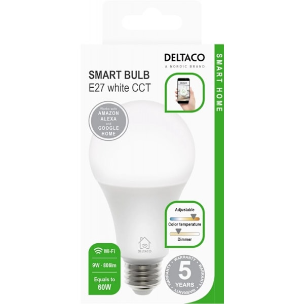 Deltaco Smart LED-Lampa E27, WiFi, dimbar, kall/varm-vit
