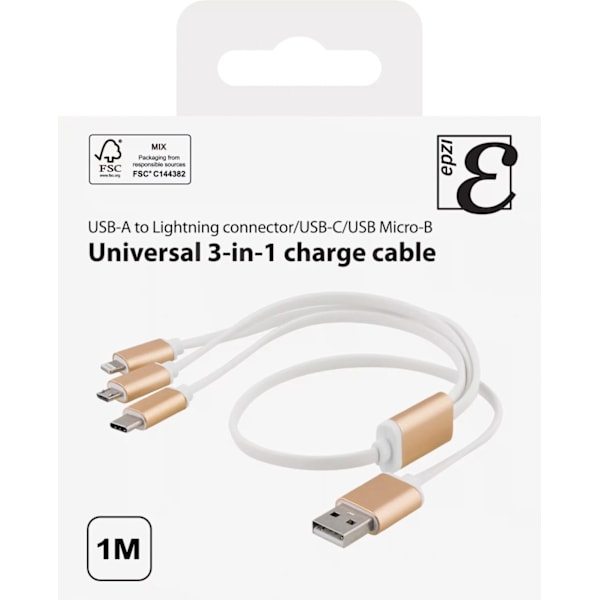 EPZI Multiladdare, USB-C, Lightning, Micro USB, USB-A, 1m, vit