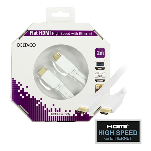 Deltaco Flat HDMI cable, HDMI High Speed w/ Ethernet, 4K, 2m, white
