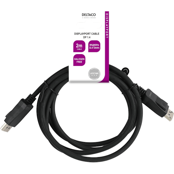 Deltaco DisplayPort-kabel, 2m, 8K, DP 1.4, DSC 1.2, LSZH svart