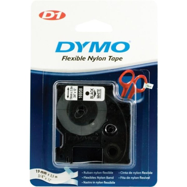 DYMO D1, markeringstape i nylon, 19 mm, sort tekst på hvid tape,