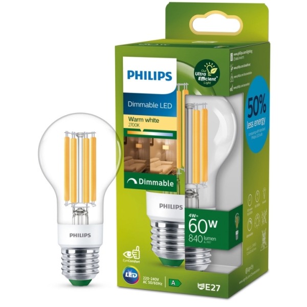 Philips LED E27 Normal 4W (60W) Klar Dimbar 840lm 2700K Energikl
