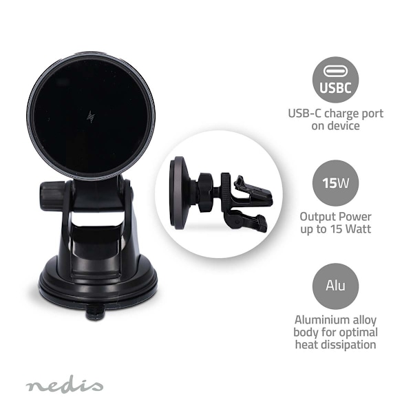 Nedis Trådlös billaddare | 7.5 / 10 / 15 W | 1.5 / 1.67 / 2 A | 1.00 m | FOD / Överhettningsskydd / Överspänning / Överström | USB Type-C™ | Kabel ing